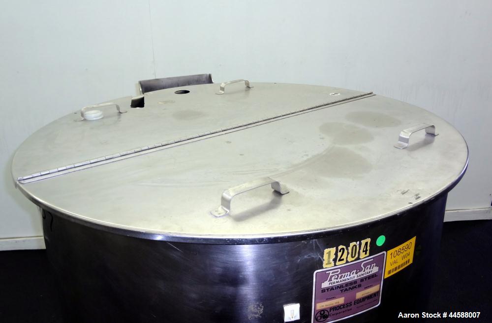 Used Perma-San Tank, 170 Gallons, Model OVS, 316 Stainless Steel, Vertical. Approximately 38-1/2” diameter x 44-1/2” straight side, open top with 1/2 hinged covers, sloped bottom.  Provision for a cl...