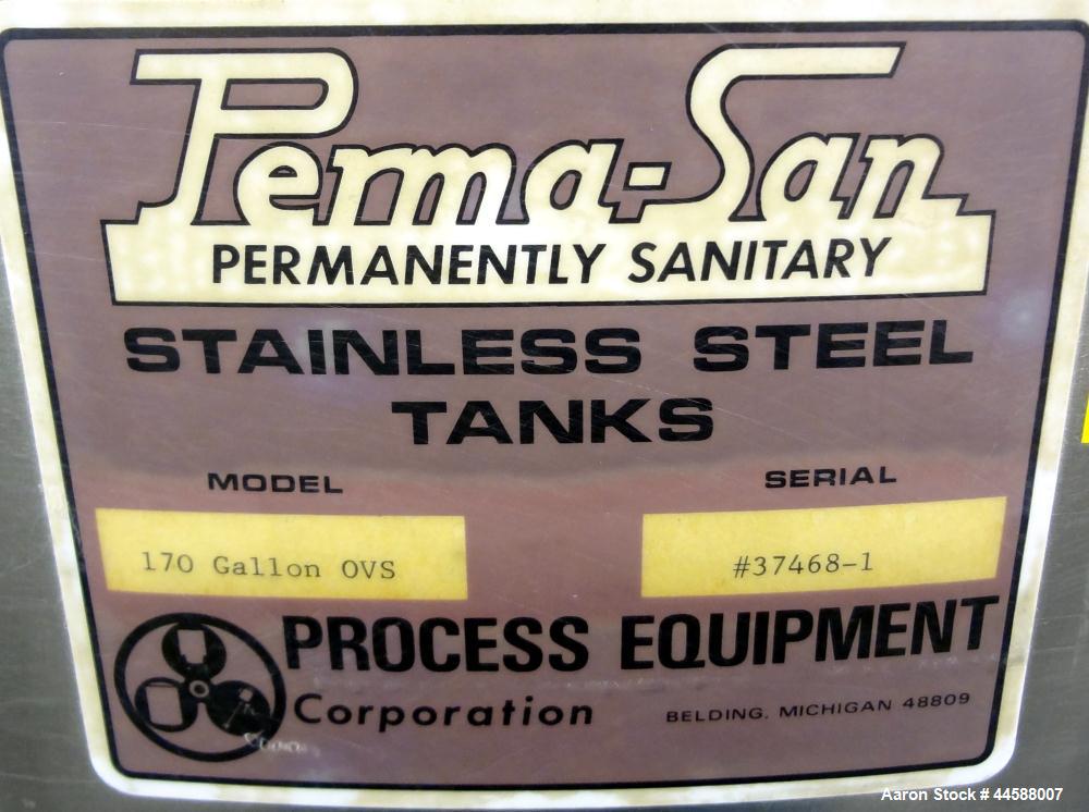 Used Perma-San Tank, 170 Gallons, Model OVS, 316 Stainless Steel, Vertical. Approximately 38-1/2” diameter x 44-1/2” straight side, open top with 1/2 hinged covers, sloped bottom.  Provision for a cl...