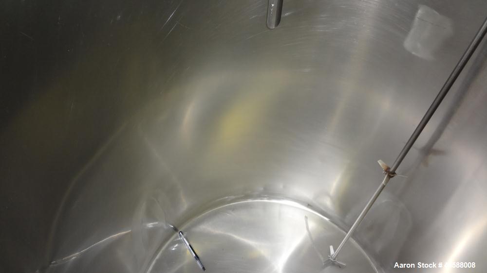 Used Perma-San Tank, 120 Gallons, Model OVS, 316 Stainless Steel, Vertical. Approximately 30" diameter x 41" straight side, open top with 1/2 hinged covers, sloped bottom.  Clamp on Lightnin agitator...
