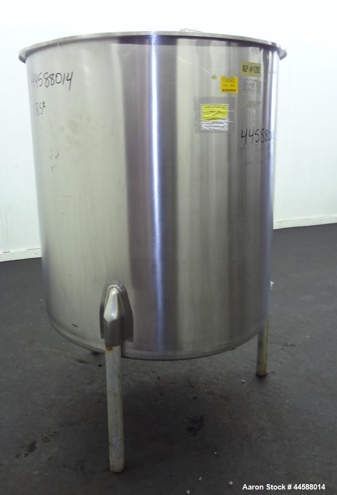 Used Perma-San Tank, 310 Gallons, Model OVS, 316 Stainless Steel, Vertical. Approximately 44” diameter x 46” straight side, open top with 1/2 covers, sloped bottom.  Provision for a clamp-on agitator...