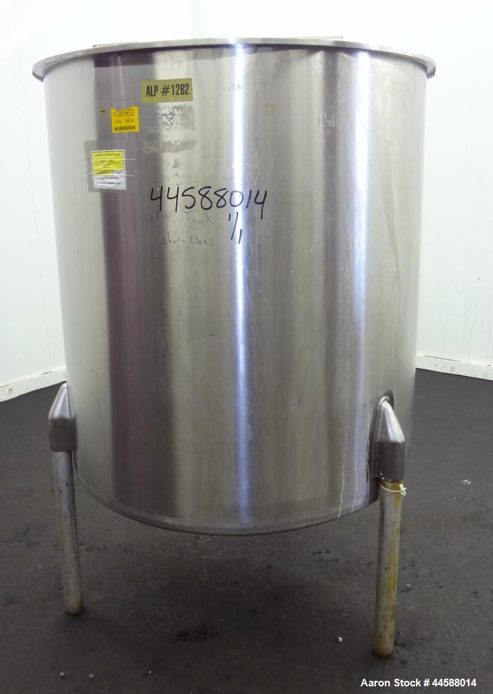 Used Perma-San Tank, 310 Gallons, Model OVS, 316 Stainless Steel, Vertical. Approximately 44” diameter x 46” straight side, open top with 1/2 covers, sloped bottom.  Provision for a clamp-on agitator...
