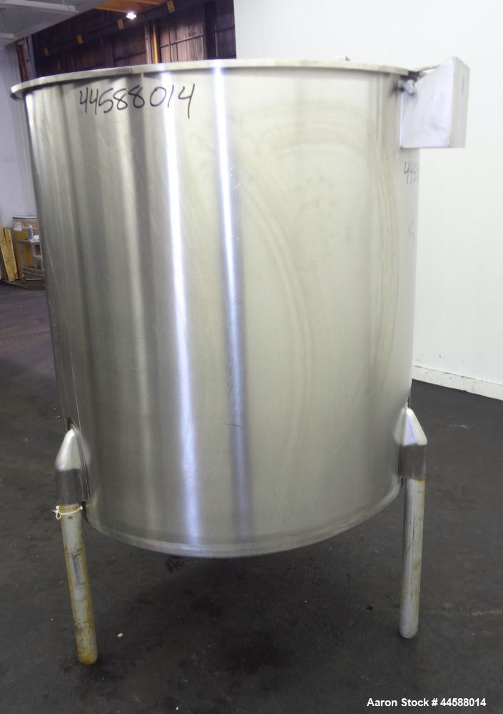 Used Perma-San Tank, 310 Gallons, Model OVS, 316 Stainless Steel, Vertical. Approximately 44” diameter x 46” straight side, open top with 1/2 covers, sloped bottom.  Provision for a clamp-on agitator...