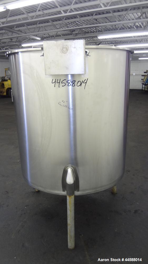 Used Perma-San Tank, 310 Gallons, Model OVS, 316 Stainless Steel, Vertical. Approximately 44” diameter x 46” straight side, open top with 1/2 covers, sloped bottom.  Provision for a clamp-on agitator...