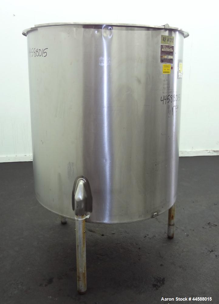 Used Perma-San Tank, 310 Gallons, Model OVS, 316 Stainless Steel, Vertical. Approximately 44” diameter x 46” straight side, open top with 1/2 hinged covers, sloped bottom.  Provision for a clamp-on a...