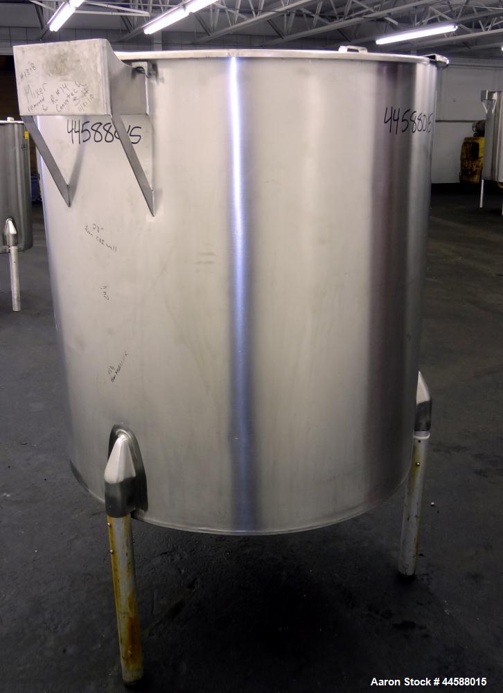 Used Perma-San Tank, 310 Gallons, Model OVS, 316 Stainless Steel, Vertical. Approximately 44” diameter x 46” straight side, open top with 1/2 hinged covers, sloped bottom.  Provision for a clamp-on a...