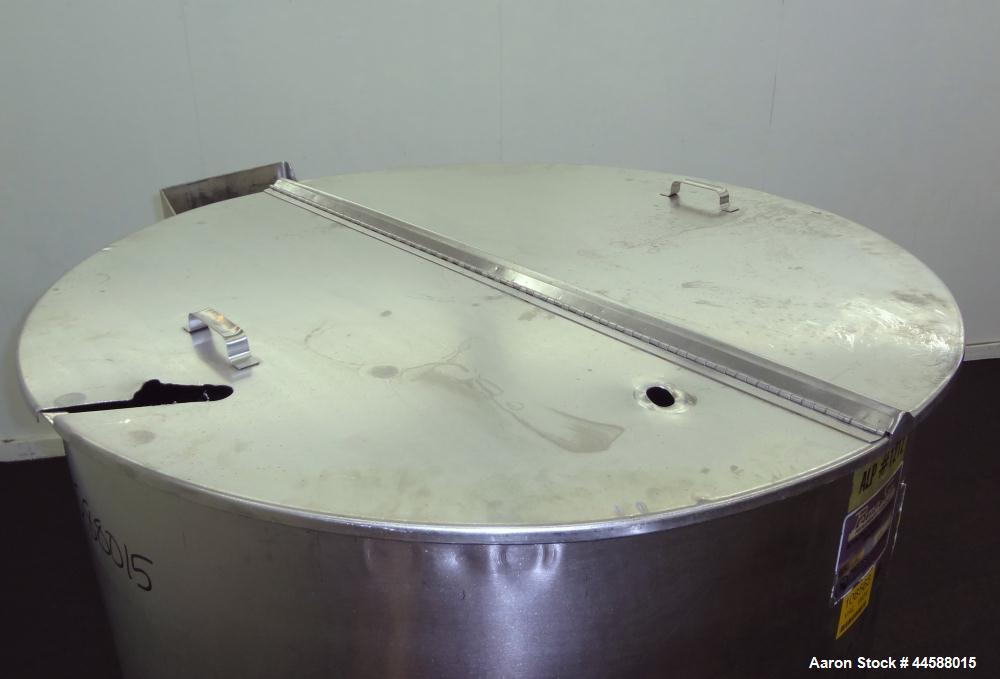 Used Perma-San Tank, 310 Gallons, Model OVS, 316 Stainless Steel, Vertical. Approximately 44” diameter x 46” straight side, open top with 1/2 hinged covers, sloped bottom.  Provision for a clamp-on a...