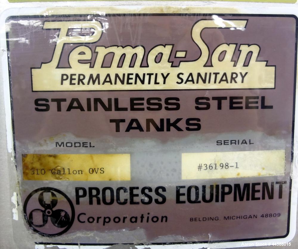 Used Perma-San Tank, 310 Gallons, Model OVS, 316 Stainless Steel, Vertical. Approximately 44” diameter x 46” straight side, open top with 1/2 hinged covers, sloped bottom.  Provision for a clamp-on a...