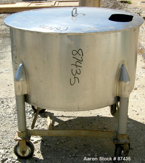 USED: Perma San tank, 80 gallon, 316 stainless steel, vertical. 36" diameter x 22" straight side, open top with 1 piece cover, sloped bottom. 1-1/2" off center bottom outlet. Mounted on 4 carbon stee...