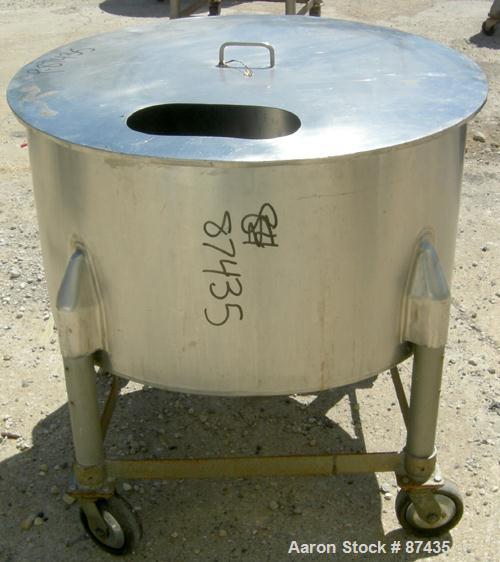 USED: Perma San tank, 80 gallon, 316 stainless steel, vertical. 36" diameter x 22" straight side, open top with 1 piece cover, sloped bottom. 1-1/2" off center bottom outlet. Mounted on 4 carbon stee...