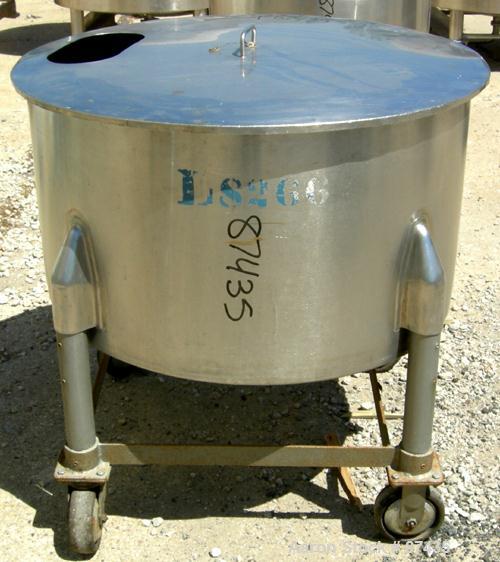 USED: Perma San tank, 80 gallon, 316 stainless steel, vertical. 36" diameter x 22" straight side, open top with 1 piece cover, sloped bottom. 1-1/2" off center bottom outlet. Mounted on 4 carbon stee...