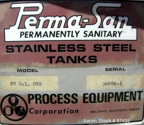 USED: Perma San tank, 80 gallon, 316 stainless steel, vertical. 36" diameter x 22" straight side, open top with 1 piece cover, sloped bottom. 1-1/2" off center bottom outlet. Mounted on 4 carbon stee...