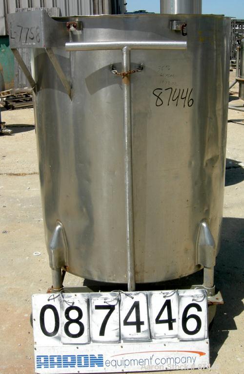 Used Perma-San Tank, 226 Gallon, 316 Stainless Steel, Vertical. 38" Diameter x 47" straight side, open top, no cover, sloped bottom. Provision for a clamp-on agitator. 1-1/2" Off center bottom outlet...