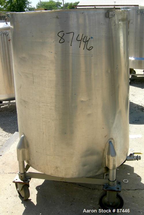 Used Perma-San Tank, 226 Gallon, 316 Stainless Steel, Vertical. 38" Diameter x 47" straight side, open top, no cover, sloped bottom. Provision for a clamp-on agitator. 1-1/2" Off center bottom outlet...