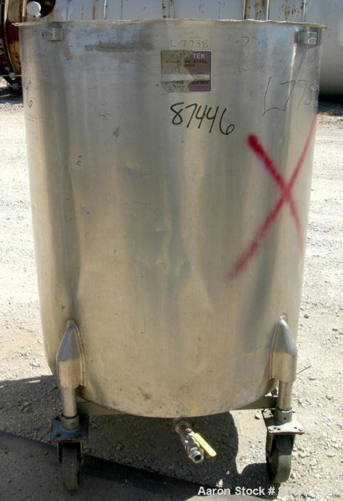 Used Perma-San Tank, 226 Gallon, 316 Stainless Steel, Vertical. 38" Diameter x 47" straight side, open top, no cover, sloped bottom. Provision for a clamp-on agitator. 1-1/2" Off center bottom outlet...