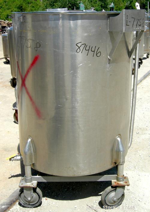 Used Perma-San Tank, 226 Gallon, 316 Stainless Steel, Vertical. 38" Diameter x 47" straight side, open top, no cover, sloped bottom. Provision for a clamp-on agitator. 1-1/2" Off center bottom outlet...