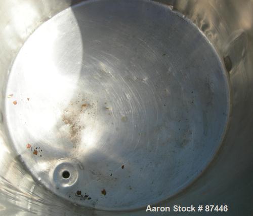 Used Perma-San Tank, 226 Gallon, 316 Stainless Steel, Vertical. 38" Diameter x 47" straight side, open top, no cover, sloped bottom. Provision for a clamp-on agitator. 1-1/2" Off center bottom outlet...