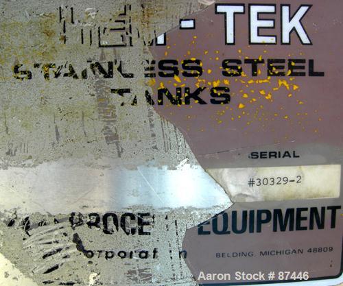Used Perma-San Tank, 226 Gallon, 316 Stainless Steel, Vertical. 38" Diameter x 47" straight side, open top, no cover, sloped bottom. Provision for a clamp-on agitator. 1-1/2" Off center bottom outlet...