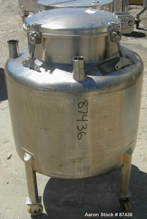 USED: Perma San tank, 80 gallon, 316 stainless steel, vertical. 32" diameter x 22" straight side, dish top and bottom. Openings: top (2) 2" tri clamp, 20" manway with cover; 2" tri clamp center botto...