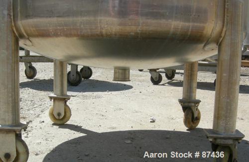 USED: Perma San tank, 80 gallon, 316 stainless steel, vertical. 32" diameter x 22" straight side, dish top and bottom. Openings: top (2) 2" tri clamp, 20" manway with cover; 2" tri clamp center botto...