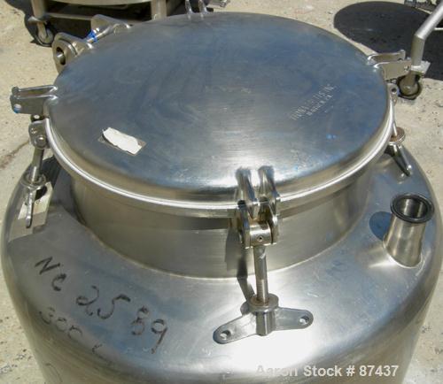 USED: Perma San tank, 80 gallon, 316 stainless steel, vertical. 32" diameter x 22" straight side, dish top and bottom. Openings: top (2) 2" tri clamp, 20" manway with cover; 2" tri clamp center botto...