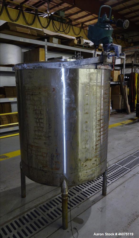 Used Perry Products Tank, Approximate 300 Gallon, 304 Stainless Steel, Vertical. Approximate 44" diameter x 50" straight side, flat top, coned bottom. Off center top entering air operated Lightnin ag...