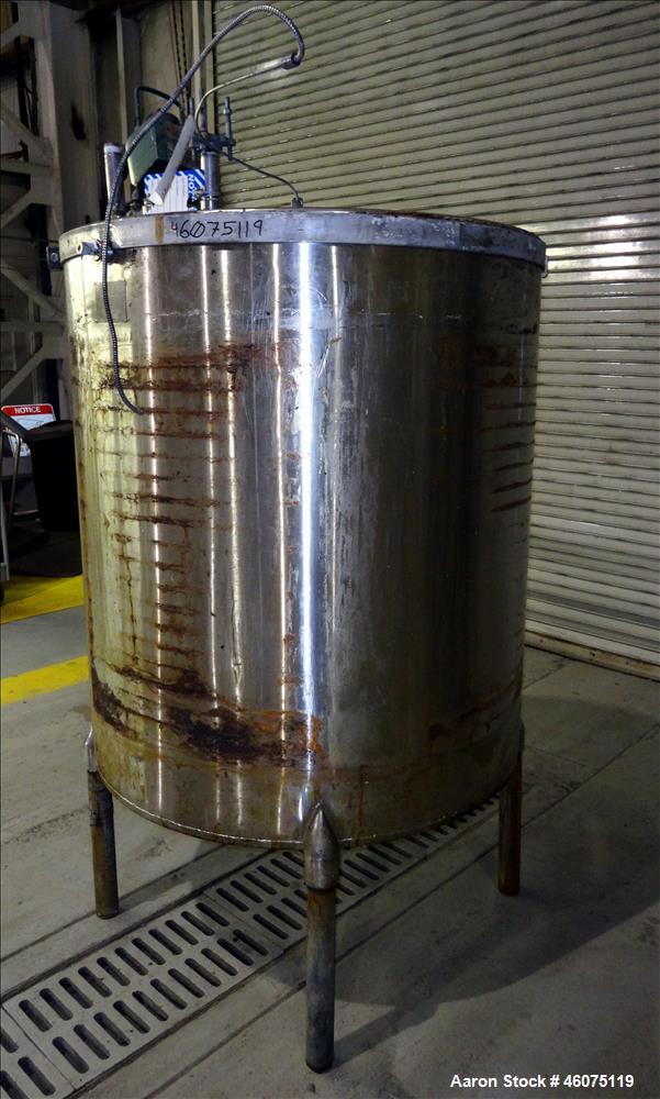 Used Perry Products Tank, Approximate 300 Gallon, 304 Stainless Steel, Vertical. Approximate 44" diameter x 50" straight side, flat top, coned bottom. Off center top entering air operated Lightnin ag...