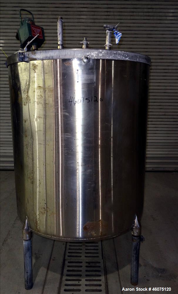 Used Perry Products Tank, Approximate 300 Gallon, 304 Stainless Steel, Vertical. Approximate 44" diameter x 50" straight side, flat top, coned bottom. Off center top entering air operated Lightnin ag...