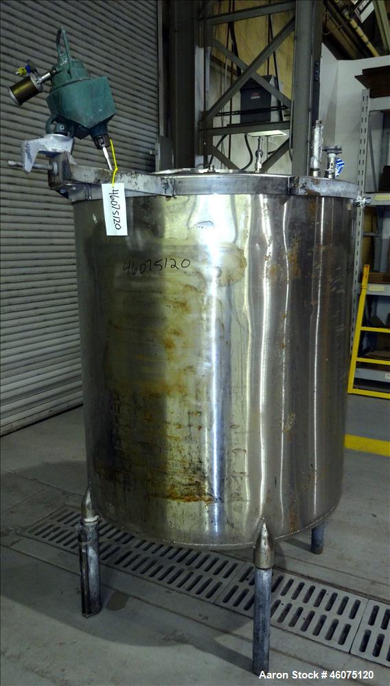 Used Perry Products Tank, Approximate 300 Gallon, 304 Stainless Steel, Vertical. Approximate 44" diameter x 50" straight side, flat top, coned bottom. Off center top entering air operated Lightnin ag...