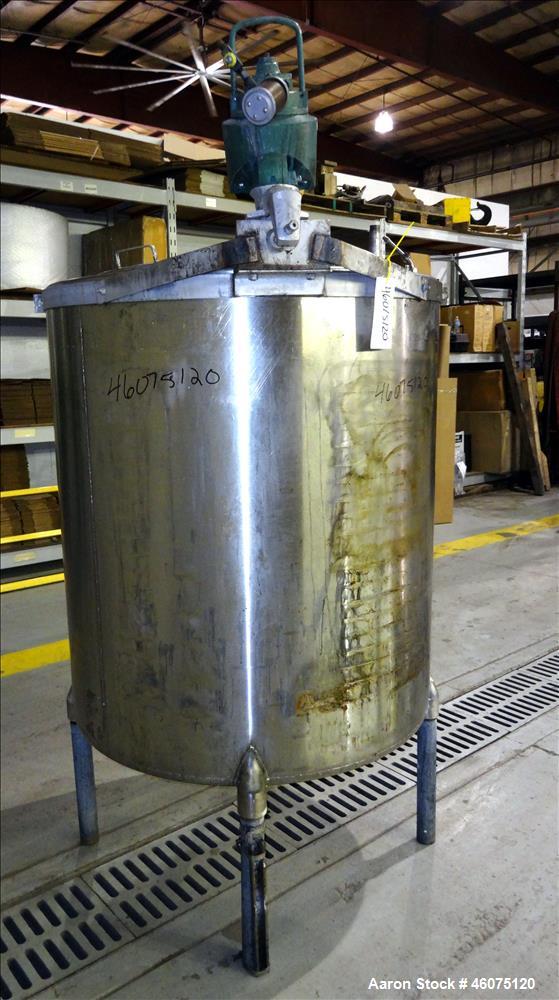 Used Perry Products Tank, Approximate 300 Gallon, 304 Stainless Steel, Vertical. Approximate 44" diameter x 50" straight side, flat top, coned bottom. Off center top entering air operated Lightnin ag...