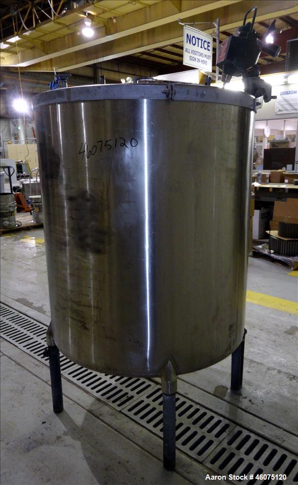 Used Perry Products Tank, Approximate 300 Gallon, 304 Stainless Steel, Vertical. Approximate 44" diameter x 50" straight side, flat top, coned bottom. Off center top entering air operated Lightnin ag...