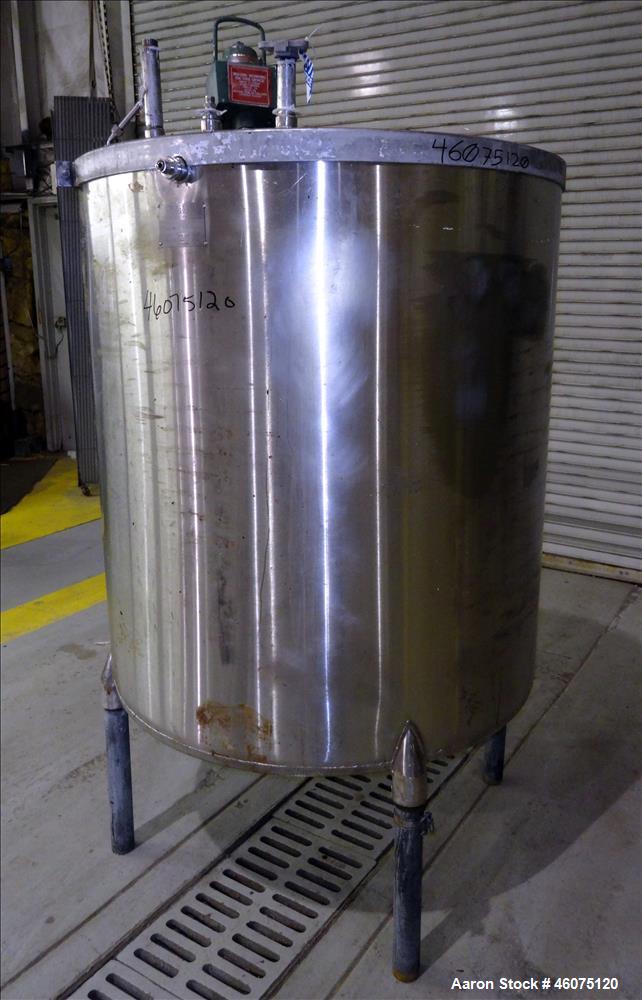 Used Perry Products Tank, Approximate 300 Gallon, 304 Stainless Steel, Vertical. Approximate 44" diameter x 50" straight side, flat top, coned bottom. Off center top entering air operated Lightnin ag...