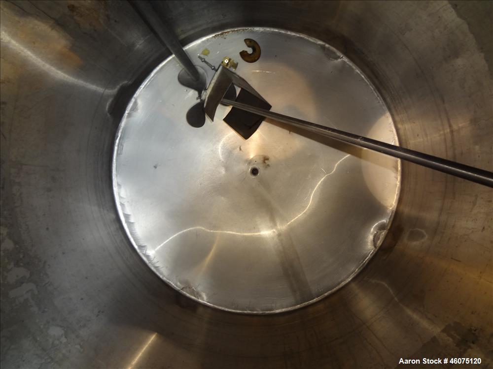 Used Perry Products Tank, Approximate 300 Gallon, 304 Stainless Steel, Vertical. Approximate 44" diameter x 50" straight side, flat top, coned bottom. Off center top entering air operated Lightnin ag...