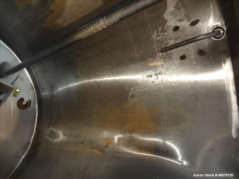Used Perry Products Tank, Approximate 300 Gallon, 304 Stainless Steel, Vertical. Approximate 44" diameter x 50" straight side, flat top, coned bottom. Off center top entering air operated Lightnin ag...