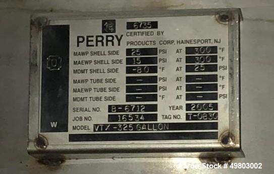 Used Perry Products Pressure Tank, 325 Gallon, 304L Stainless Steel, Vertical. 40” Diameter x 60” straight side, dished top & bottom. Internal rated Full Vacuum & 25psi at -80 to 300 degrees F. Openi...