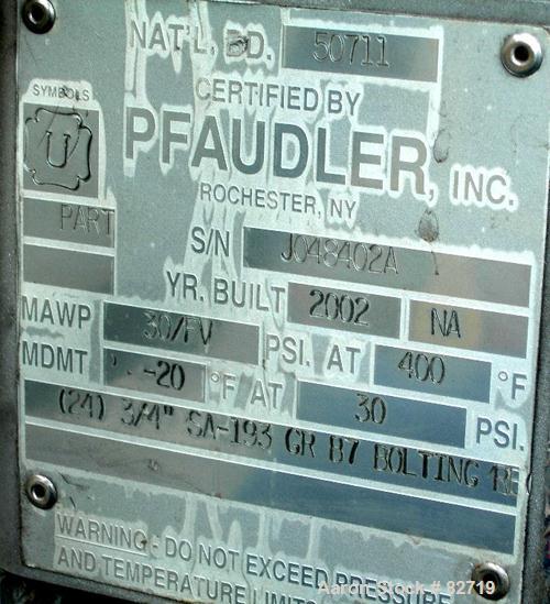 Used Pfaudler Pressure Tank System Consisting Of: (1) Pfaudler pressure tank, 300 gallon, 316L stainless steel, vertical. 48" diameter x 36" straight side, dished bolt-on top, dish bottom. Internal r...