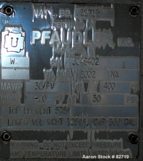Used Pfaudler Pressure Tank System Consisting Of: (1) Pfaudler pressure tank, 300 gallon, 316L stainless steel, vertical. 48" diameter x 36" straight side, dished bolt-on top, dish bottom. Internal r...