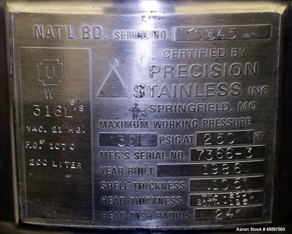 Used 52 Gallon Stainless Steel Vertical Pressure Tank