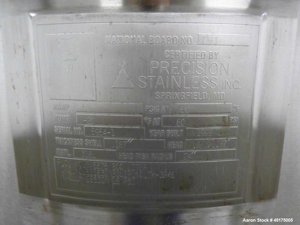 Used Precision Stainless Pressure Tank, 52.8 Gallon (200 Liter), 316L Stainless