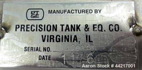 Used Precision Tank & Equipment Tank, 430 Gallon, 304 Stainless Steel, Horizontal. 44" Diameter x 60" straight side, dished heads. Openings top 2", 16" man ways with 10" hand holes in the covers. 5" ...