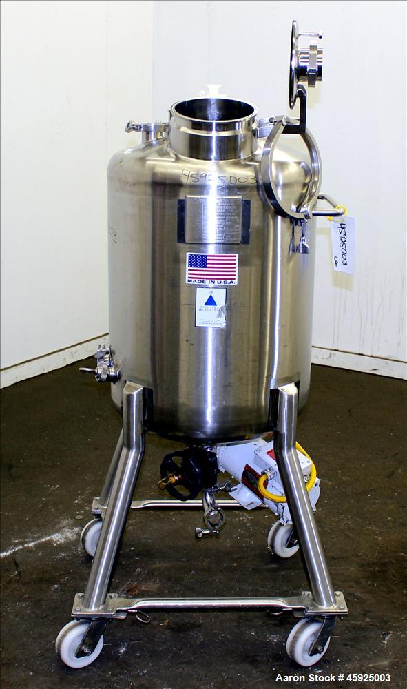 Used Precision Stainless Pressure Tank, 39.6 Gallon (150 Liter), 316L Stainless Steel, Vertical. 22" diameter x 24" straight side. Dished top and bottom. Internal rated 35 psi at -20 to 250 degrees F...