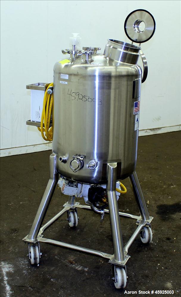 Used Precision Stainless Pressure Tank, 39.6 Gallon (150 Liter), 316L Stainless Steel, Vertical. 22" diameter x 24" straight side. Dished top and bottom. Internal rated 35 psi at -20 to 250 degrees F...