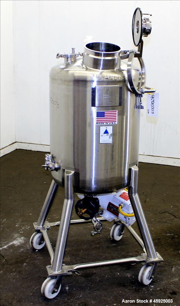 Used Precision Stainless Pressure Tank, 39.6 Gallon (150 Liter), 316L Stainless Steel, Vertical. 22" diameter x 24" straight side. Dished top and bottom. Internal rated 35 psi at -20 to 250 degrees F...