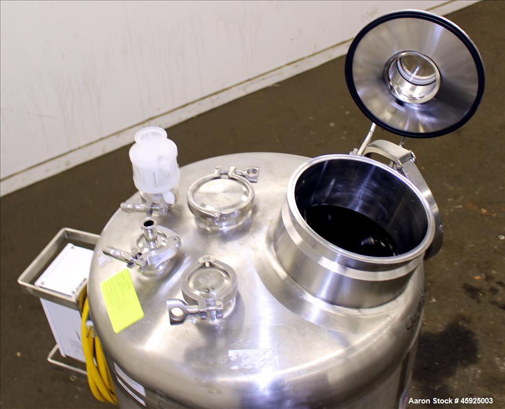 Used Precision Stainless Pressure Tank, 39.6 Gallon (150 Liter), 316L Stainless Steel, Vertical. 22" diameter x 24" straight side. Dished top and bottom. Internal rated 35 psi at -20 to 250 degrees F...
