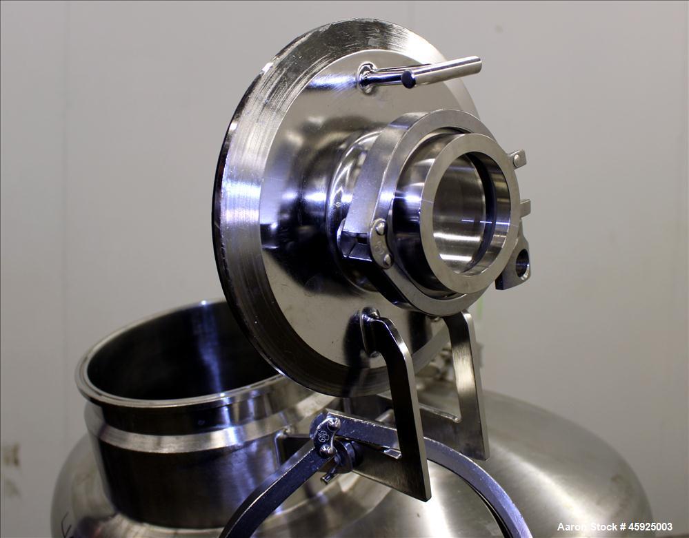Used Precision Stainless Pressure Tank, 39.6 Gallon (150 Liter), 316L Stainless Steel, Vertical. 22" diameter x 24" straight side. Dished top and bottom. Internal rated 35 psi at -20 to 250 degrees F...