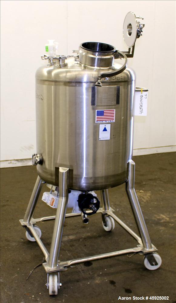 Used Precision Stainless Pressure Tank, 52.8 Gallon (200 Liter), 316L Stainless Steel, Vertical. 26" Diameter x 24" straight side. Dished top and bottom. Internal rated 35 psi at -20 to 250 degrees F...