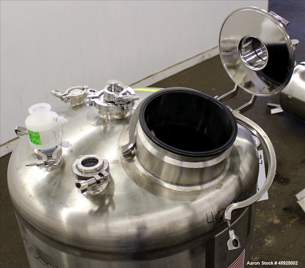 Used Precision Stainless Pressure Tank, 52.8 Gallon (200 Liter), 316L Stainless Steel, Vertical. 26" Diameter x 24" straight side. Dished top and bottom. Internal rated 35 psi at -20 to 250 degrees F...