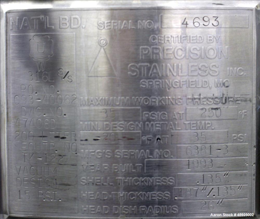 Used Precision Stainless Pressure Tank, 52.8 Gallon (200 Liter), 316L Stainless Steel, Vertical. 26" Diameter x 24" straight side. Dished top and bottom. Internal rated 35 psi at -20 to 250 degrees F...