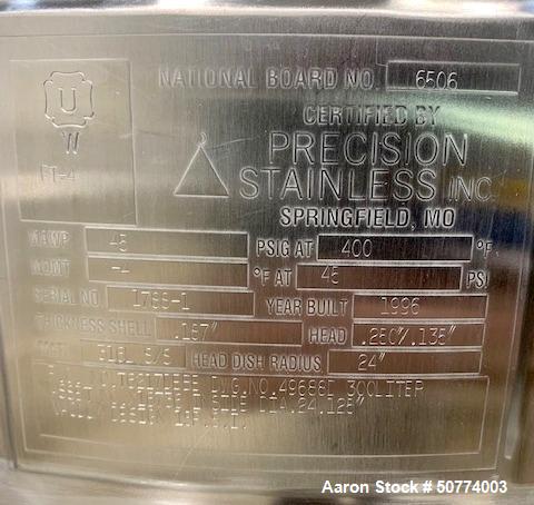 Used- Precision Stainless Pressure Tank, 300 Liters