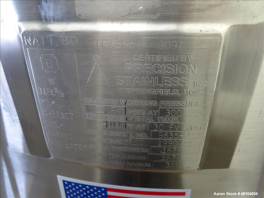 Used Precision Stainless Pressure Tank, 400 Liter (105.6 Gallon), 316L Stainles