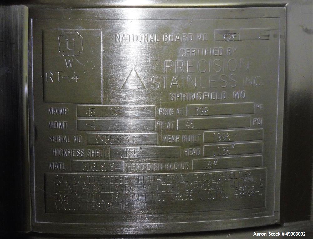 Used Precision Stainless Pressure Tank, 50 Liters (13.2 Gallons).